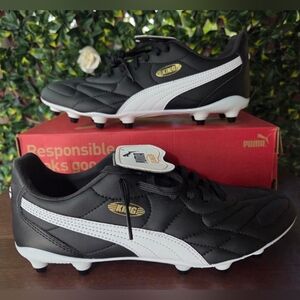 Puma King Top Firm Ground Soccer Cleat Shoe Black White Gold Men US Sz 8 EU 40.5
